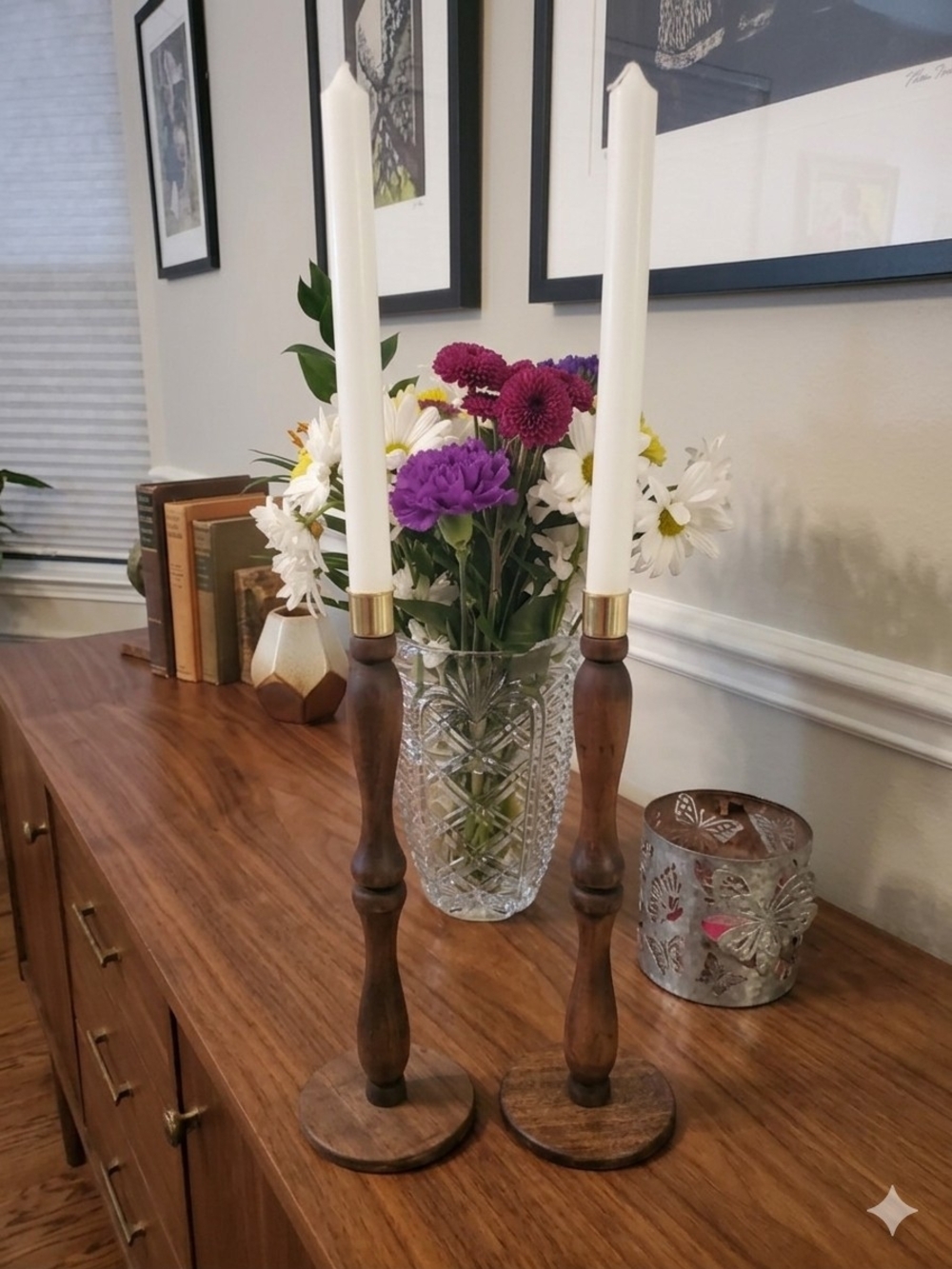 Wooden Candle Holders with Brass Accents - Pair